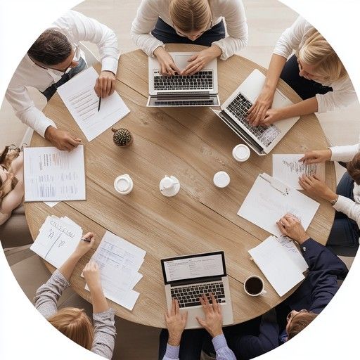 A creative team gathers around a circular wooden table for a collaboration session.