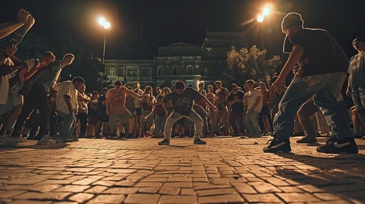 Crowd gathers around an energetic street dance circle at night