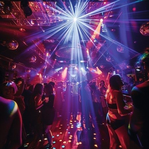 Crowded nightclub dance floor beneath vivid purple and blue beams